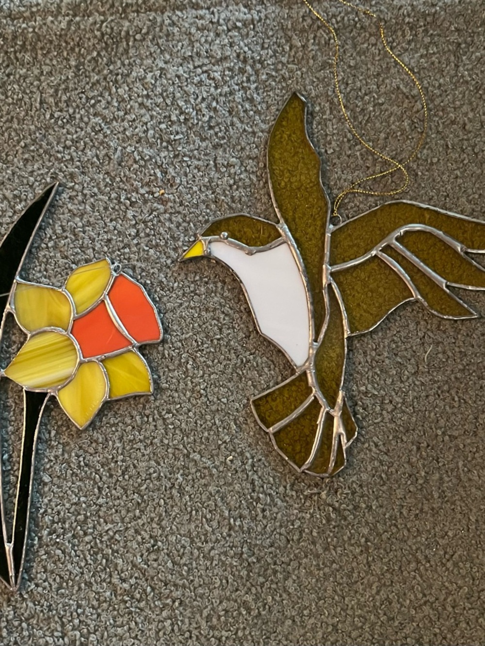 Vintage Set 2 Stained Glass Bird and Daffodil Suncatcher - Handcrafted EUC